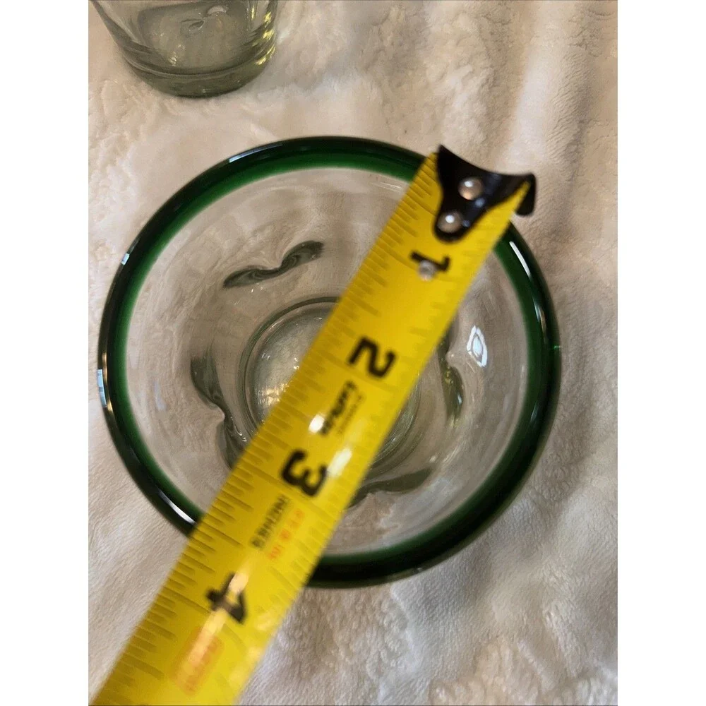 Set 2 Hand Blown Vtg Green Rim Mexican Glasses Old Fashion Rocks Margarita 4